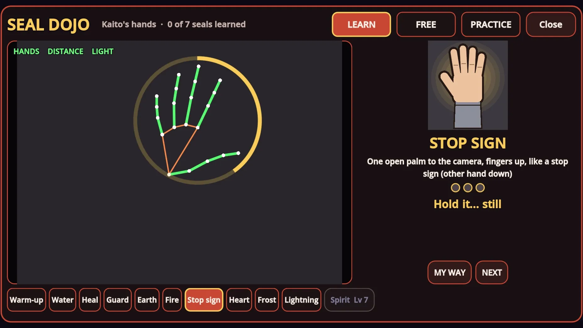 The Seal Dojo teaching the stop sign gesture