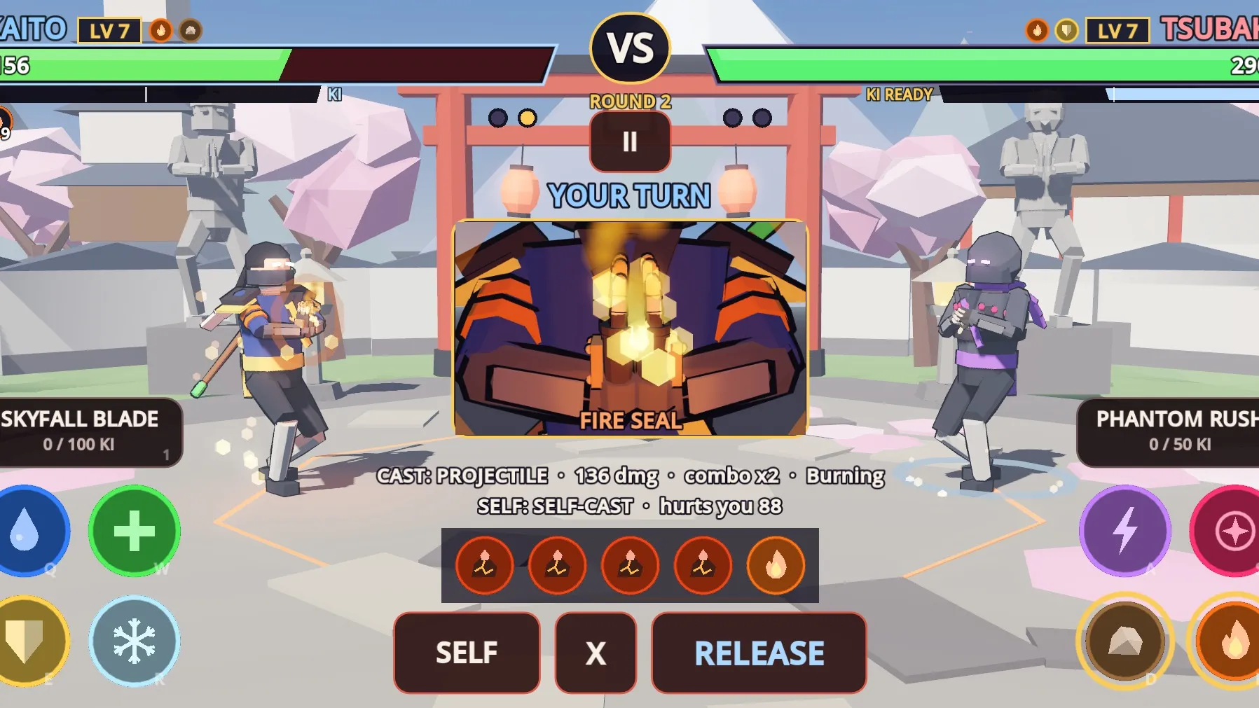 The jutsu row holds fused Magma seals next to Fire, with the preview of the jutsu underneath