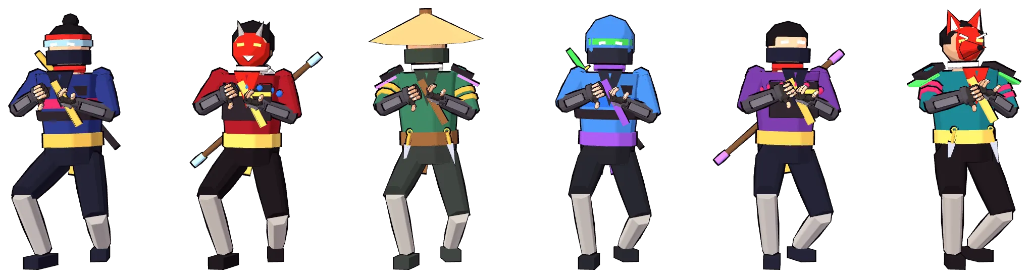 Six ninjas, one in each head style, wearing different outfits and gear