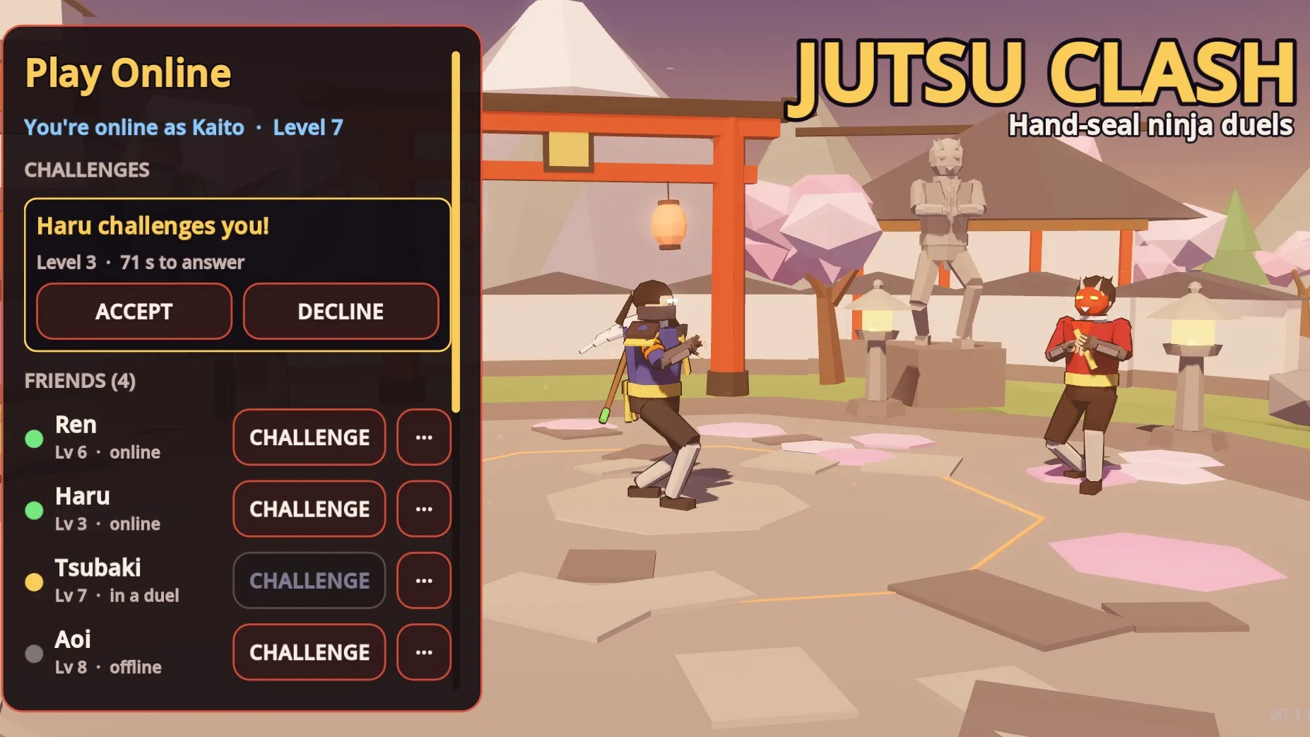 The Play Online screen: a challenge from Haru, and a list of friends who are online, in a duel or offline