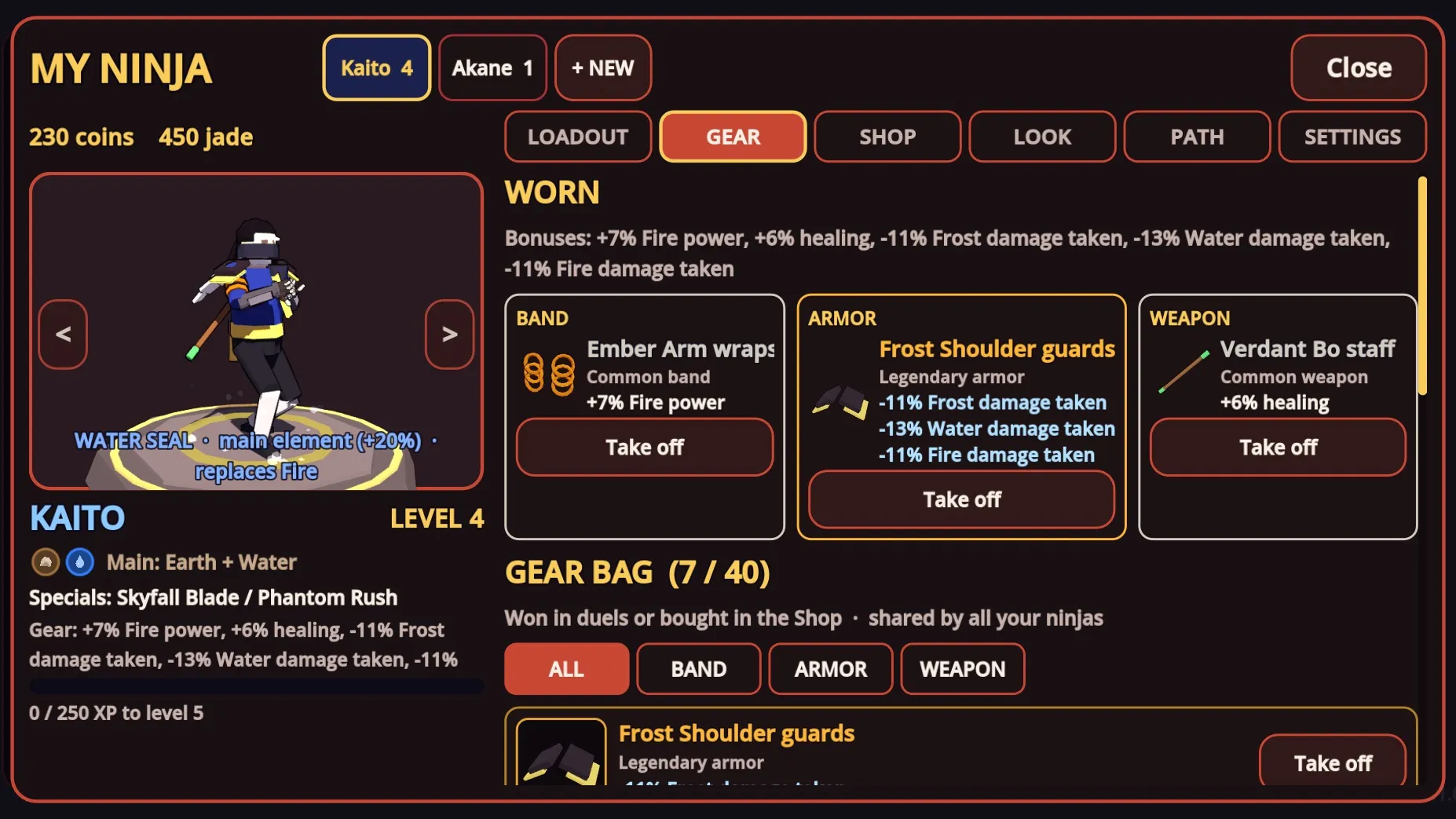 The My Ninja page: worn gear, its bonuses and the gear bag