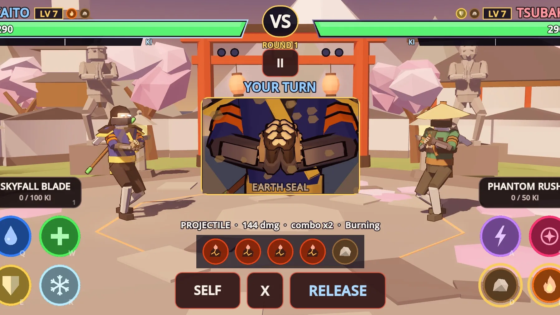 A duel at dusk: the hand cam shows the ninja forming the Earth seal while the jutsu row fills up